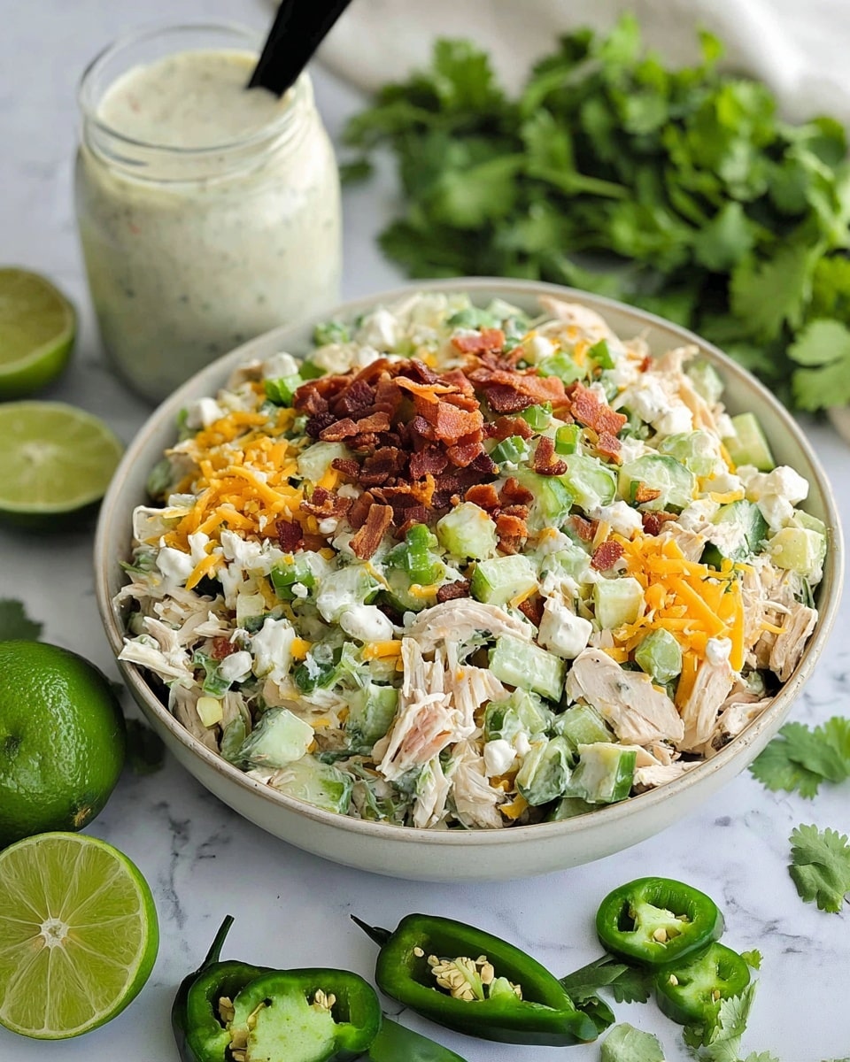 A large white bowl filled with a mixed salad showing several layers and textures: shredded chicken pieces in light beige, green chopped celery and cucumber, small orange shredded cheese bits, white creamy cottage cheese, and scattered brown crispy bacon bits on top. The bowl is placed on a white marbled surface with fresh green cilantro leaves, whole and cut limes, and green jalapeno peppers around it. In the background, there is a clear jar of white creamy dressing with the black lid placed beside it. Photo taken with an iphone --ar 4:5 --v 7