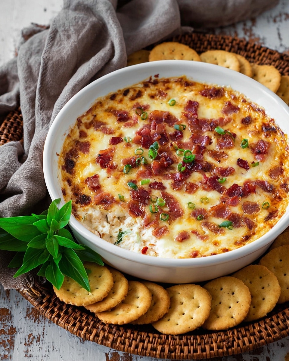 A white round dish holds a creamy baked dip with a golden-brown, bubbly top layer dotted with crispy bits of reddish-brown bacon and sprinkled with chopped green onions. The dip’s surface shows melted cheese with some browned spots and small pieces of vegetables or herbs visible below the top. The dish sits on a round woven tray surrounded by a single layer of golden-brown round crackers. A green leafy sprig is placed on the edge of the tray. The background is a white marbled texture, with a gray cloth draped behind the dish. Photo taken with an iphone --ar 4:5 --v 7
